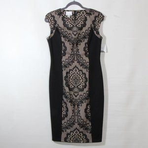 Donna Morgan Black & Tan Lace Floral Bodycon Cocktail Midi Dress Size 8
